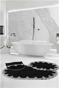 Bonny Home Peluş Lux Oval Siyah 3'lü Dantelli Klozet Takımı Çeyizlik Banyo Halısı Paspası Seti