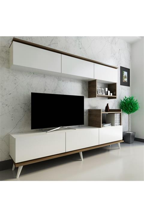 ARNETTİ Hazal Televizyon Ünitesi Beyaz-ceviz 72x180,4x33,1 Çift Raflı Ve 6 Dolaplı Özel Tasarım