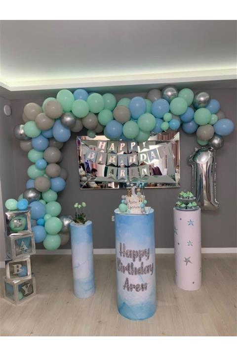 Ege Parti Evi Gri Mavi Yeşil Tonlarında Balon Zinciri - 1 Folyo Balonu - Balon El Pompası