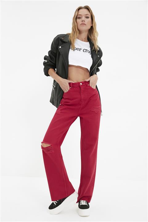 TRENDYOLMİLLA Bordo Yırtık Detaylı Yüksek Bel 90's Wide Leg Jeans TWOAW22JE0256