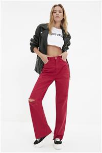 TRENDYOLMİLLA Bordo Yırtık Detaylı Yüksek Bel 90's Wide Leg Jeans TWOAW22JE0256