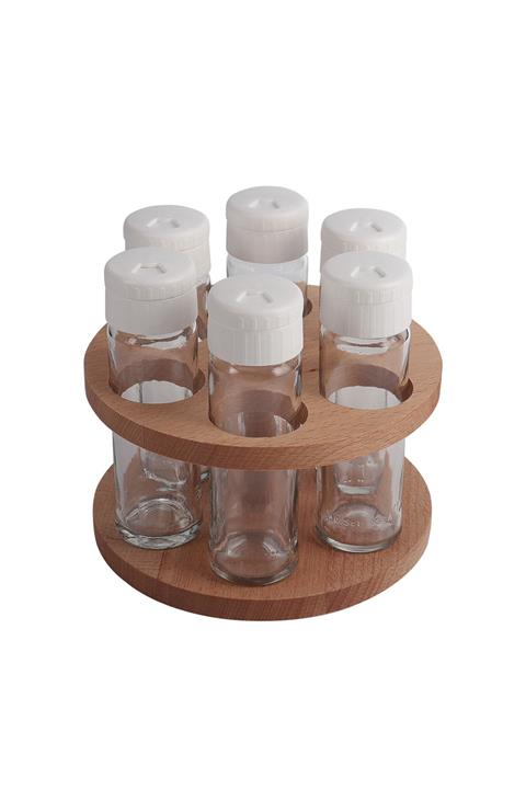 melik's Helyus 6lı Baharat Takımı Ahşapstantlı Baharatlık Seti Yuvarlak Baharatlık Beyaz Kapak