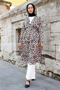 InStyle Leopar Desen Kemerli Kimono - Bej