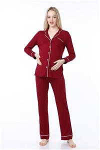 Luvmabelly Kadın Bordo Düğmeli Biyeli Hamile Pijama Takımı