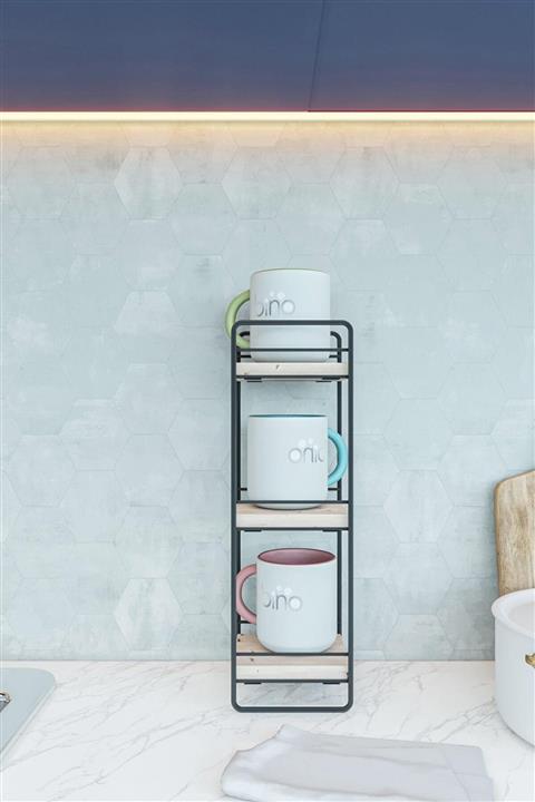 Bino Sofra Mutfak Düzenleyici Mutfak Rafı Organizer Ahşap Doğal Lüks Metal Siyah 3 Katlı Raf