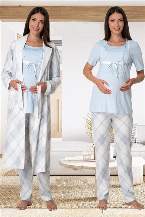 lohusahamile Mavi Emzirme Özellikli Sabahlıklı Lohusa Pijama Takımı Effortt 6024
