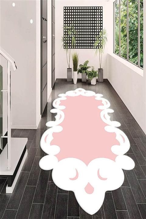 sürmeli Dijital Baskılı Yıkanabilir Pudra Zeminli Beyaz Kenarlı Lazer Yolluk Halı