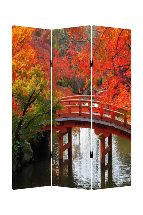 StellaStore Sonbahar Manzara 3 Kanatlı Oda Bölücü Çift Taraflı Kanvas Paravan