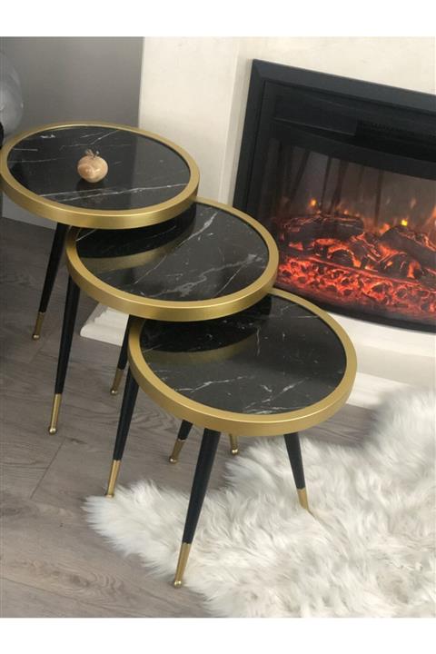 Dimassi 3'lü Zigon Sehpa Gold Çember Siyah Mermer Desenli