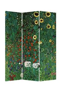 StellaStore Gustav Klimt Çiftlik Bahçe Ayçiçeği 3 Kanatlı Oda Bölücü Çift Taraflı Kanvas Paravan