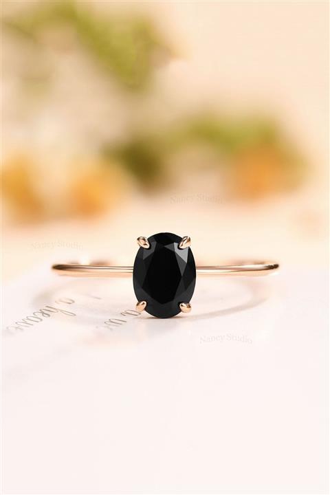 LOTUS GÜMÜŞ Oval Dişli Model Siyah Zirkon Taşlı 14k Rose Altın Kaplama Kadın Yüzük