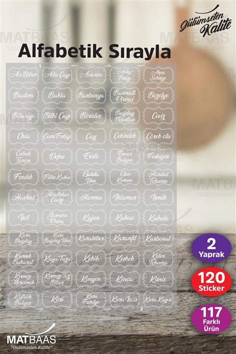 colortouch 120 Adet Şeffaf Beyaz Baskılı Baharat Bakliyat Kuruyemiş Kavanoz Etiketi Sticker