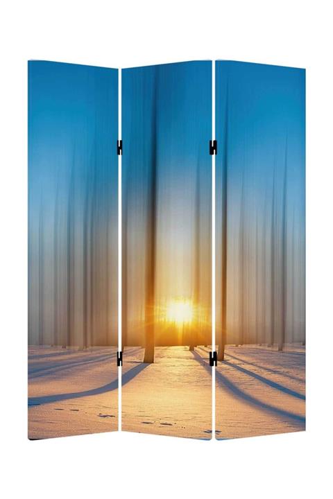 StellaStore Günbatımı Orman 3 Kanatlı Oda Bölücü Çift Taraflı Kanvas Paravan