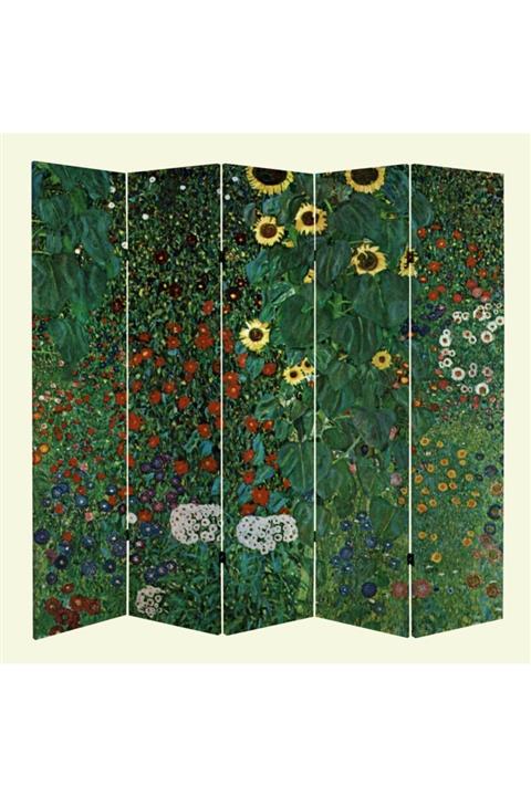 StellaStore Gustav Klimt Çiftlik Bahçe Ayçiçeği 5 Kanatlı Oda Bölücü Çift Taraflı Kanvas Paravan