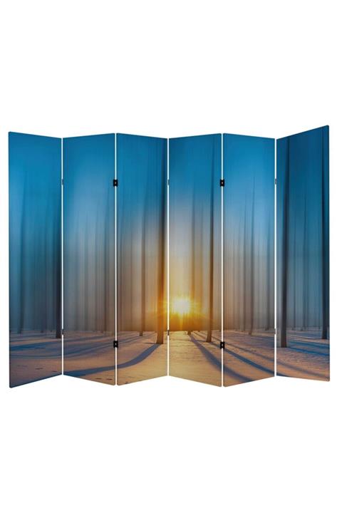 StellaStore Günbatımı Orman 6 Kanatlı Oda Bölücü Çift Taraflı Kanvas Paravan