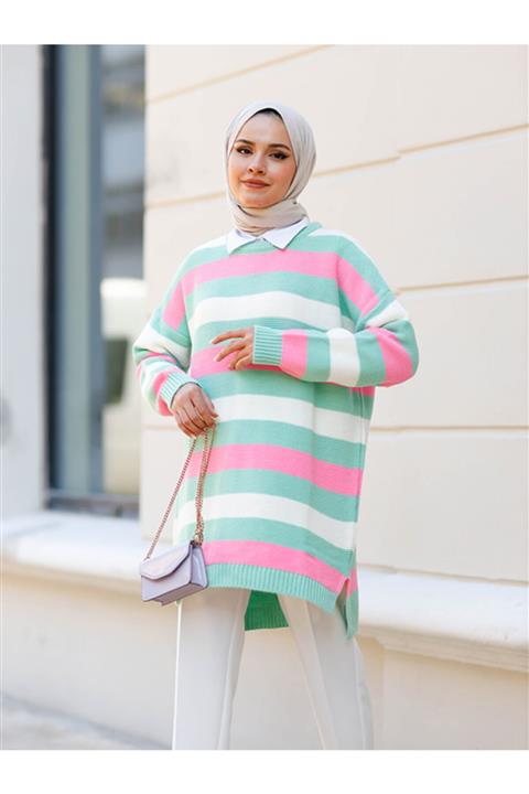 Rimel Moda Çizgili Triko Kazak Mint-fuşya