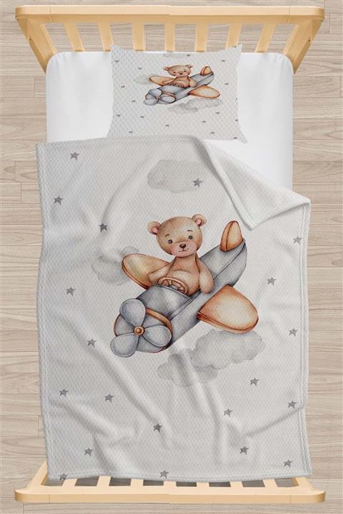 Else Halı Uçaklı Ayıcıklı Hayvanlı Desenli Tek Kişilik Çocuk Pike Takımı