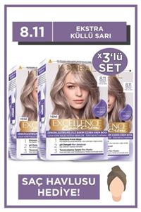 L'Oreal Paris Excellence Cool Creme Saç Boyası – 8.11 Ekstra Küllü Sarı 3'lü Set & Saç Havlusu