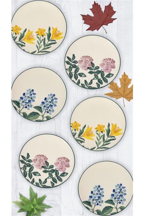 kitchen sense Çiçek 6'lı Özel Tasarım El Dekorlu Tabak Seti 21cm