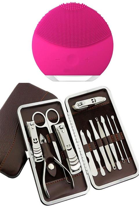 QNİAY Forever Luna 2 Pearlpink Şarzlı Titreşimli Yüz Temizleme Masaj Aleti Fuşya Tırnak Makası Seti