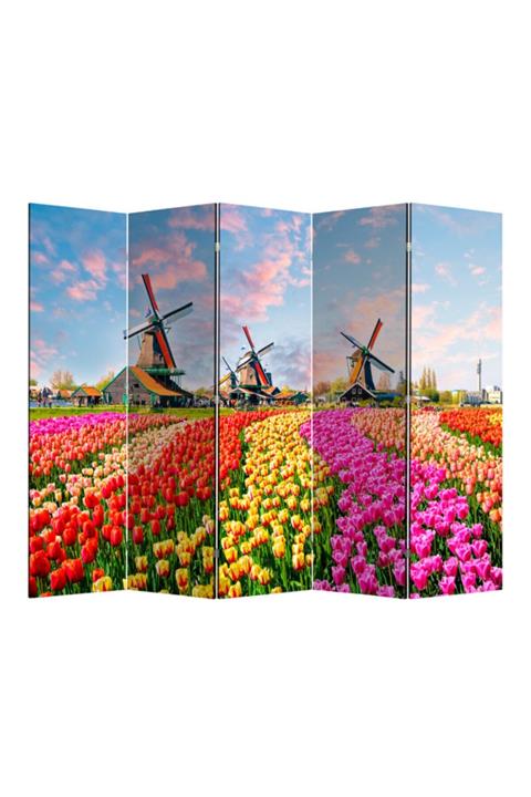 StellaStore Değirmen Ve Çiçekli 5 Kanatlı Oda Bölücü Çift Taraflı Kanvas Paravan