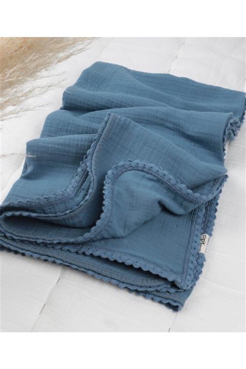 Cigit İndigo Mavi Dantel İşlemeli Tek Kat Müslin Battaniye 100x100 cm