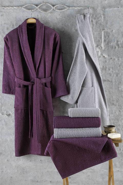 Elart Bornoz Aile Seti % 100 Pamuk 6 Parça Naturel Mürdüm