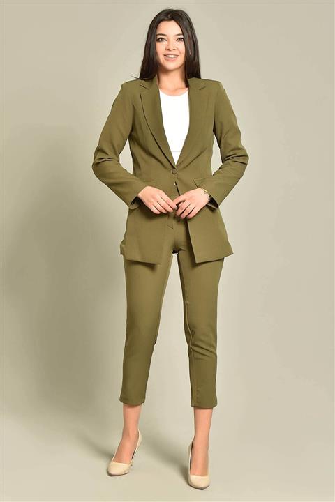 Modakapimda Haki Kemerli Büyük Beden Ceket Pantolon Takım
