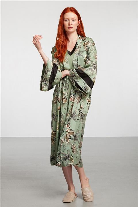 Penyemood Yeşil Belden Kuşaklı Sabahlık Elbise Takım