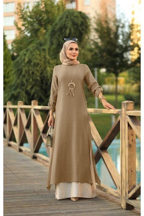 NS Suud Iki Renkli Altı Krem Elbise Vizon Model-101