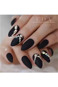 EDA LUXURY BEAUTY Siyah Mat Takma Tırnak Lüks 3d Kristal Taşlı Desenli Uzun Oval Stiletto Nail Art Yapıştırıcılı Set