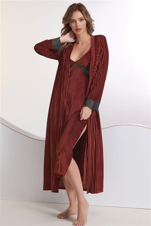 Sevim Kadın Kiremit Kadife Gecelik Sabahlık Takım