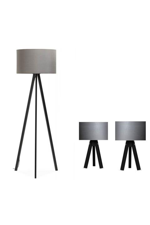 White West inn House 3 Ayaklı Lamba Seti 1 Adet Gri Kumaş Lambader 2 Adet Gri Kumaş Abajur