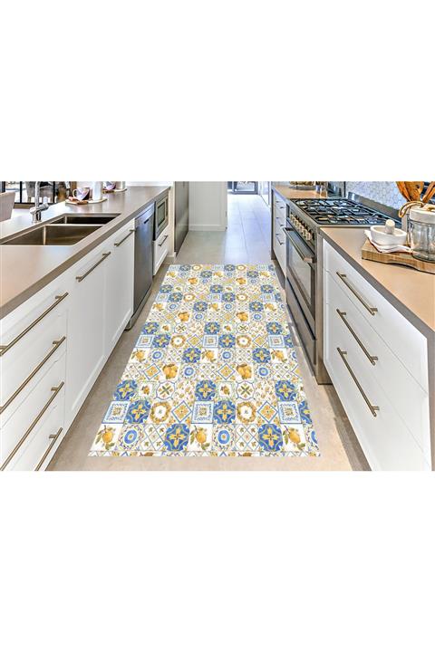 HAZAR HALI Dijital Baskılı Çini Limon Desenli Mutfak Halısı