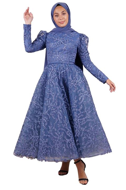 SpringStore Indigo Kabarık Tesettür Abiye