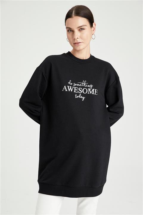 DeFacto Oversize Fit Slogan Baskılı Bisiklet Yaka Kalın Sweatshirt Kumaşı Sweatshirt Tunik