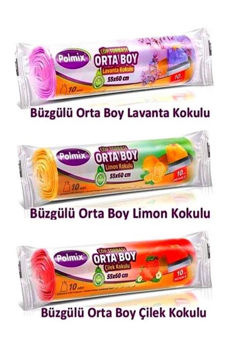 Polmix Çöp Torbası Büzgülü Kokulu - Orta Boy 55x60cm (3 Lü Set)