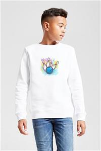 QIVI Bowling Topu Baskılı Unisex Çocuk Beyaz Sweatshirt