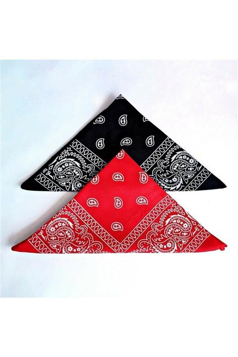 Fular Marketi Unisex 2 Adet Etnik Desenli Pamuk Bandana - Kırmızı Siyah