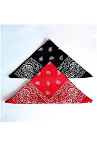 Fular Marketi Unisex 2 Adet Etnik Desenli Pamuk Bandana - Kırmızı Siyah