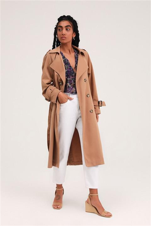 Quzu Kadın Kemerli Apoletli Trençkot Bej