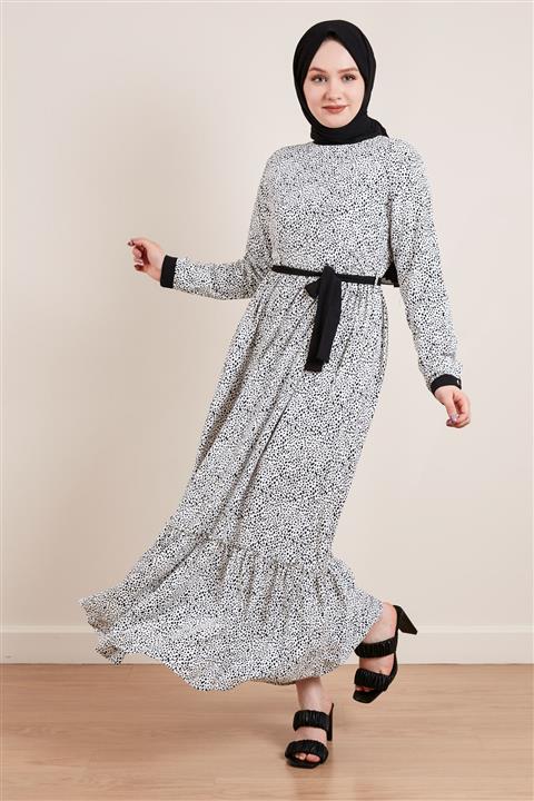 MARKALİSTE Benekli Tesettür Elbise Beyaz