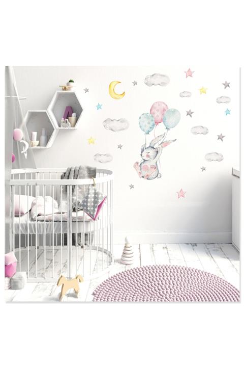 Sticker Sepetim Uçan Balonlar Ve Sevimli Tavşan Bulut Ve Yıldızlar Çocuk Odası Rüya Duvar Sticker