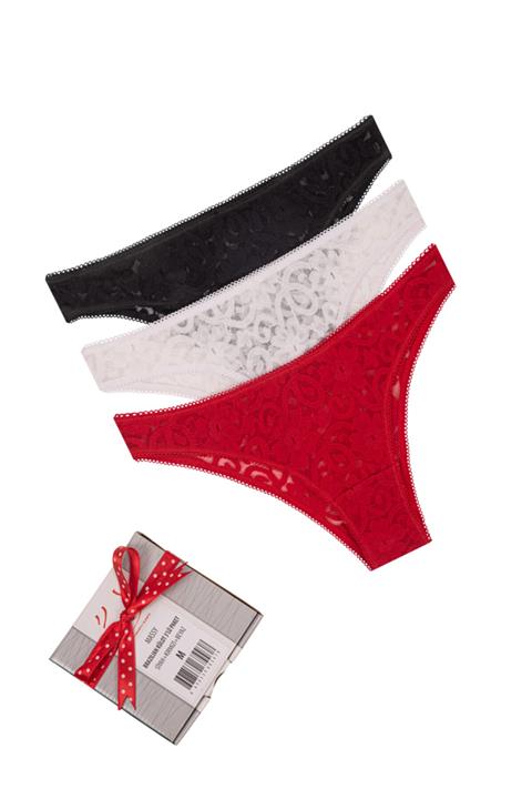 HAREM SUARE Kadın Kırmızı Beyaz  Siyah  Brazilian Külot Dantelli 3'lü  Paket