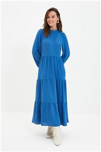 Trendyol Modest Mavi Dik Yaka Volanlı Elbise TCTAW22EB0112