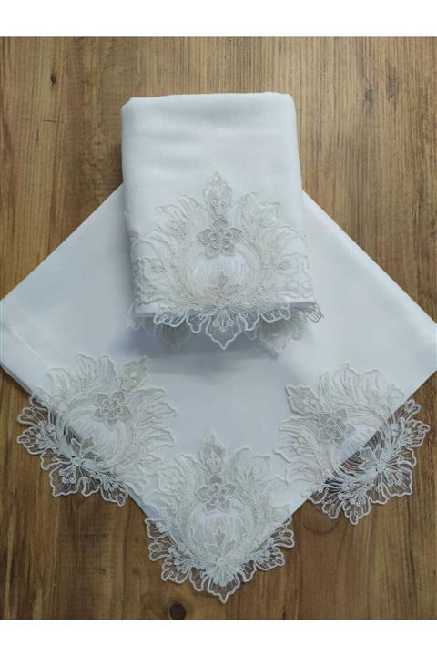 Çeyiz Bahçesi Çeyizlik Fransız Dantelli Ahva Krem 2'li Bohça Seti