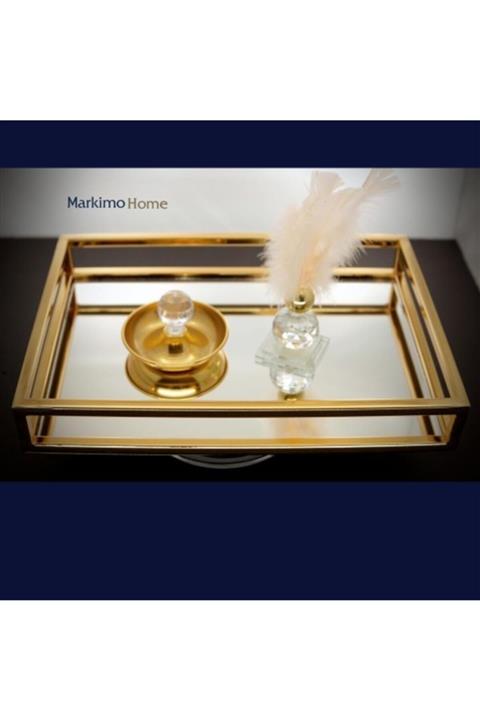 Markimo Home Gold Aynalı Tepsi - Servis Ve Sunum Tepsisi - Altın Dikdörtgen Profil Orta Boy (MH000017)
