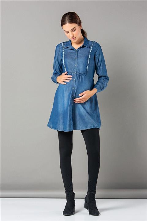 Işşıl Kadın Mavi Tiftiz Yaka Hamile Kot Gömlek