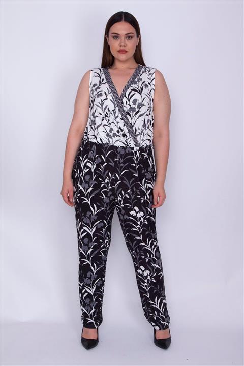 Şans Kadın Siyah Anvelop Yakalı Desenli Tulum 65N26071