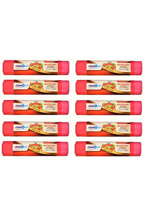 Clean Aid 10 X Büzgülü Çilek Kokulu Büyük Boy Çöp Torbası / Poşeti 100 Yaprak 65 x 70 cm Çek Al Rulo